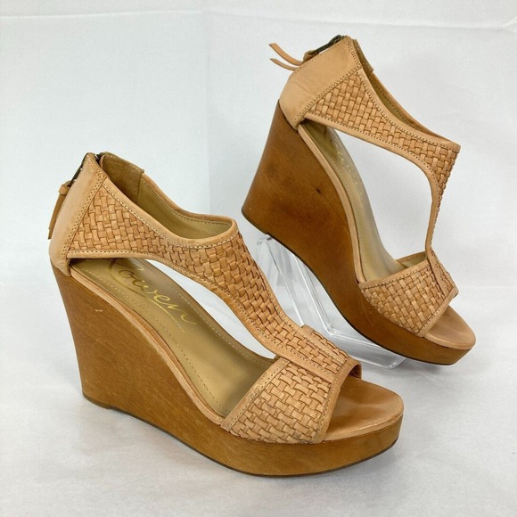 Rowen Sandals Womens‎ Sz 10 Beige Woven Leather Wooden Wedge Heel T Strap Zip - Picture 2 of 7